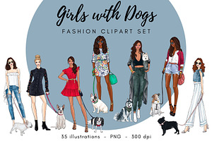 Girls With Dogs Fashion Clipart Set