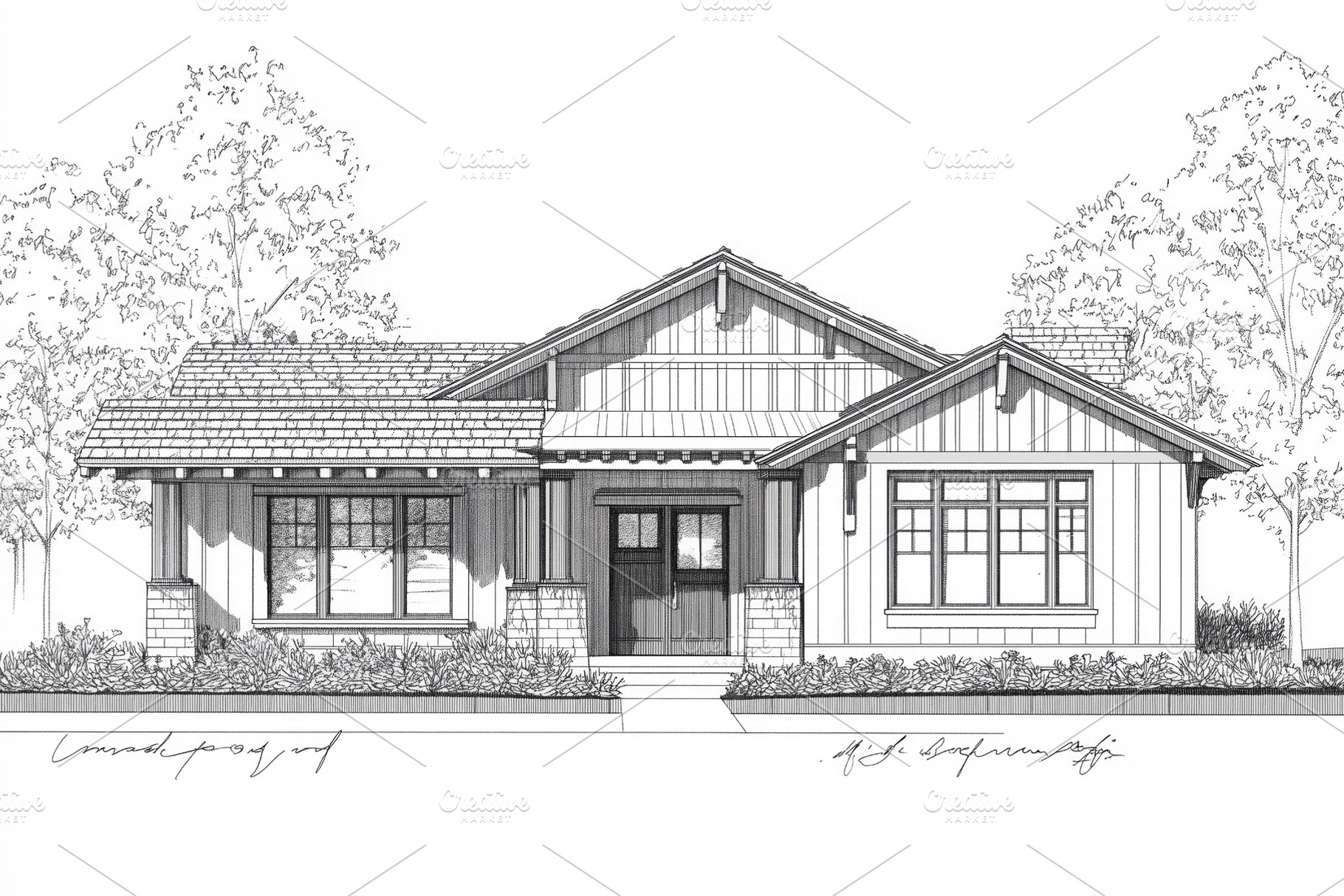 A detailed architectural drawing of a single-story Craftsman house featuring a, an Architecture Photo by Textures & Backgrounds