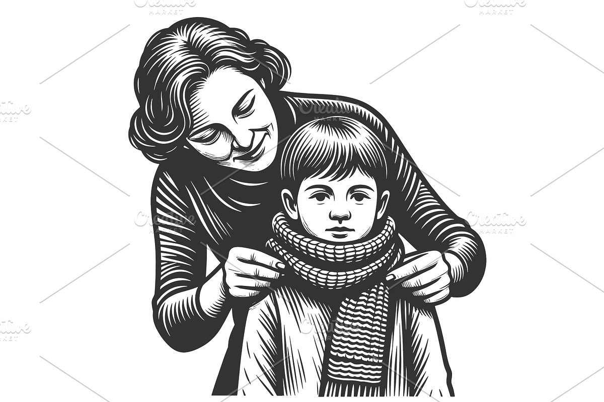 Mother Wrapping Scarf Around Child, a Person Illustration by AlexArt