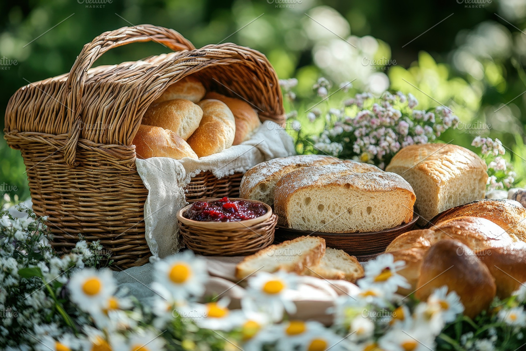 Freshly baked bread in a rustic bask, a Photo by Tanuart