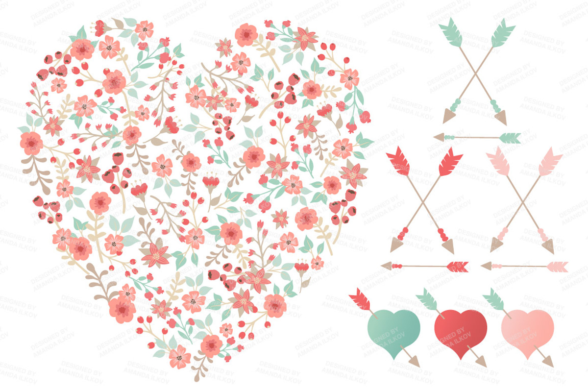 Mint & Coral Floral Heart & Banners, an Illustration by Amanda Ilkov (Photo 3 of 4)