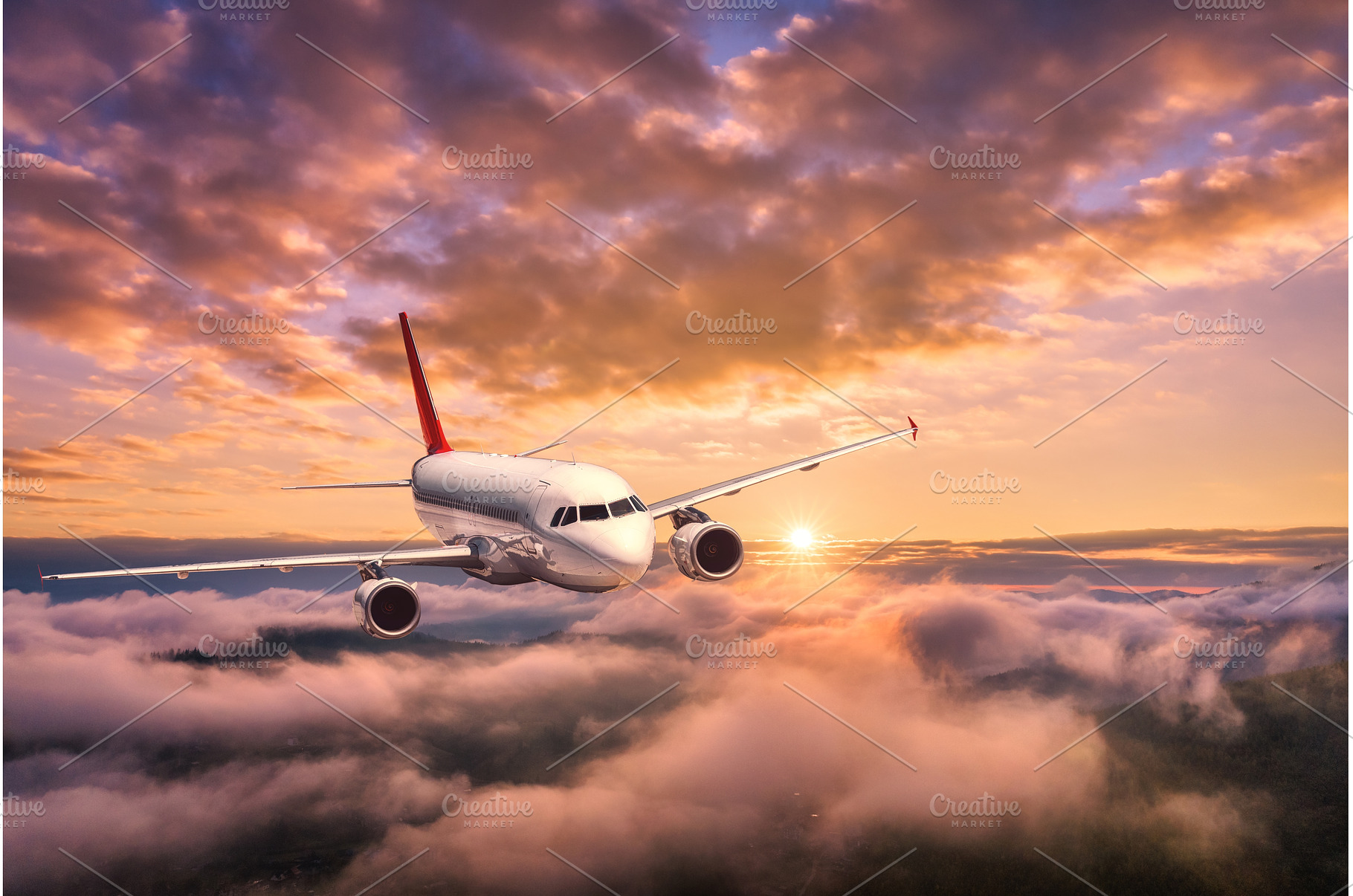 Airplane is flying above the clouds, a Transportation Photo by den-belitsky