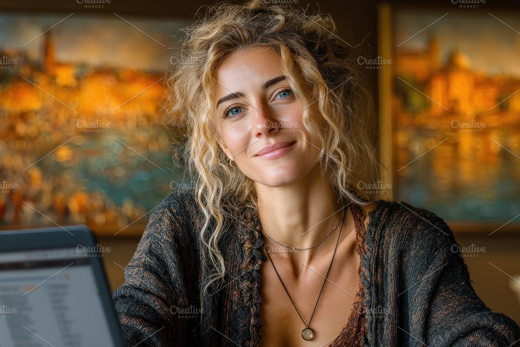 Smiling young woman with curly blonde hair and blue eyes sitting, a Person Photo by José Manuel Gelpi