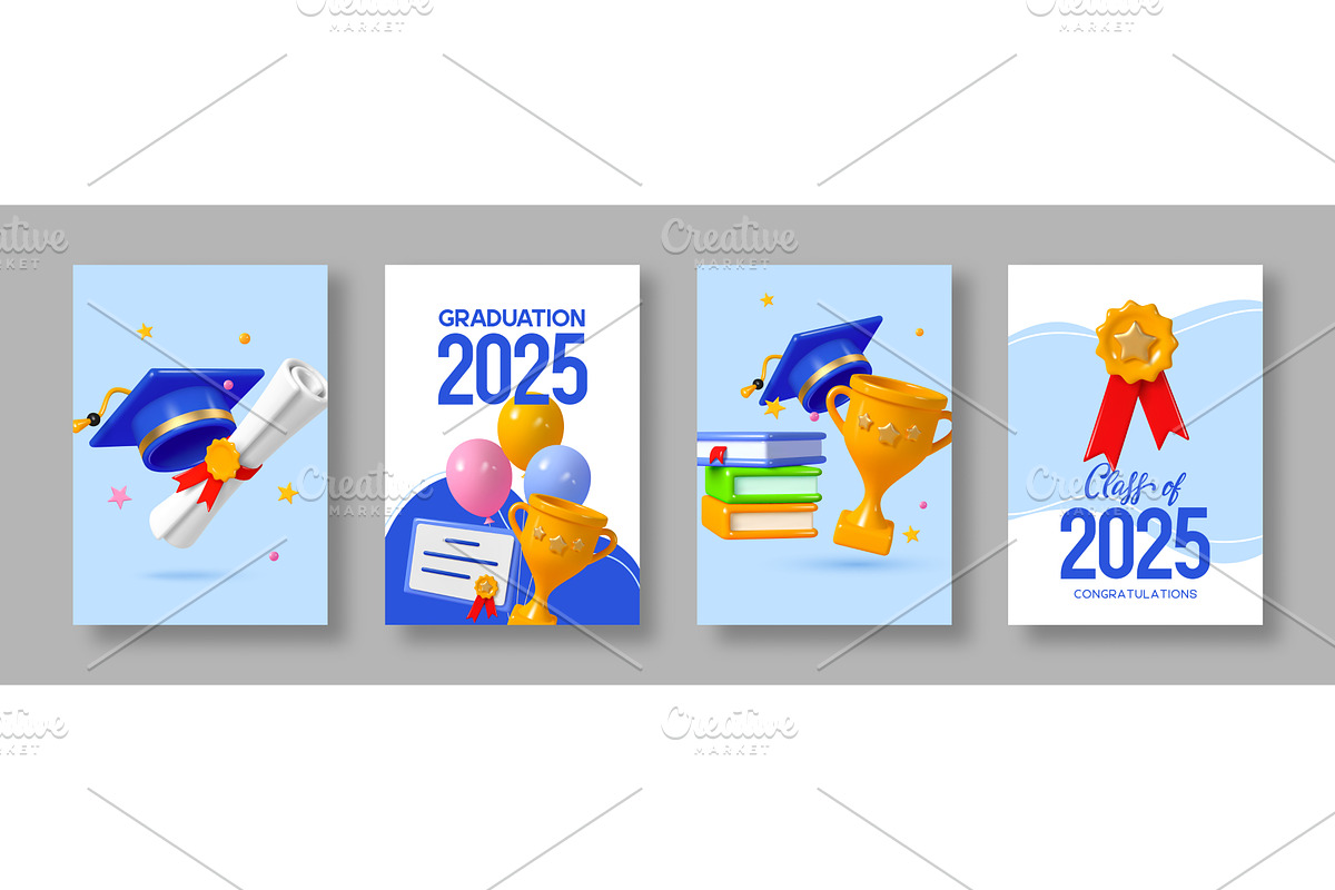 Posters with 3D graduation elements., an Education Illustration by Liudmyla Matviiets