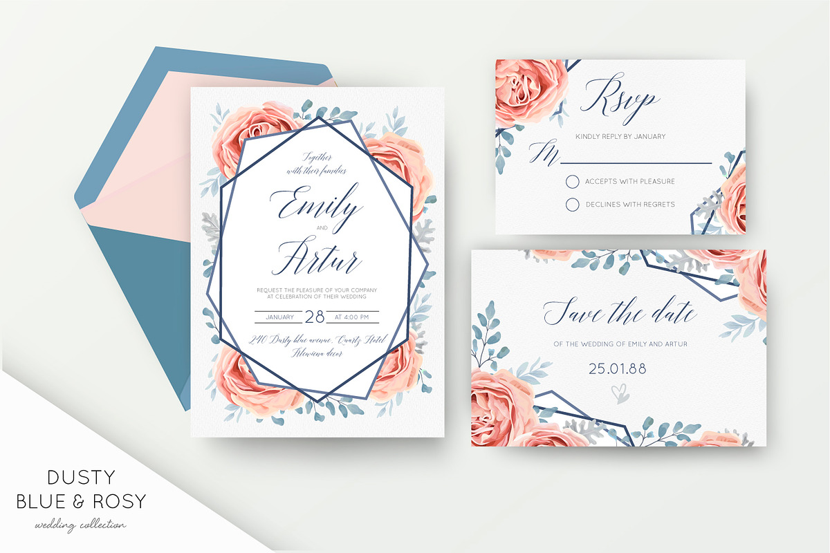 Wedding suite - Dusty blue & rosy, an Invitation Template by Alewiena (Photo 1 of 5)