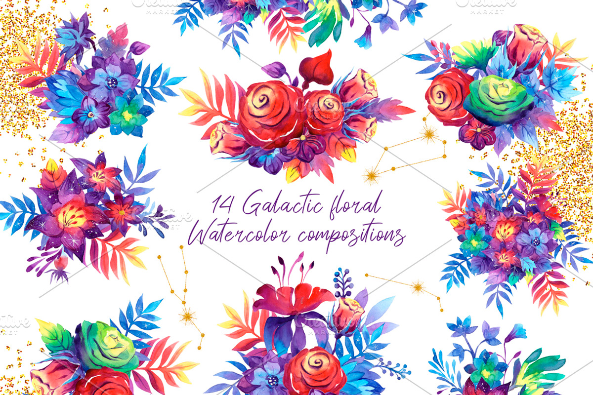 Galaxy floral watercolor collection, a Texture Illustration by UlitkaStudio (Photo 4 of 27)