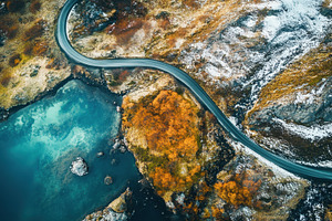 Autumn road by calm lake, a Photo by Beautiful things