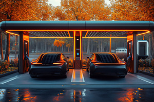 Two futuristic electric cars charging at a sleek charging station surrounded by, a Technology Photo by Textures & Backgrounds