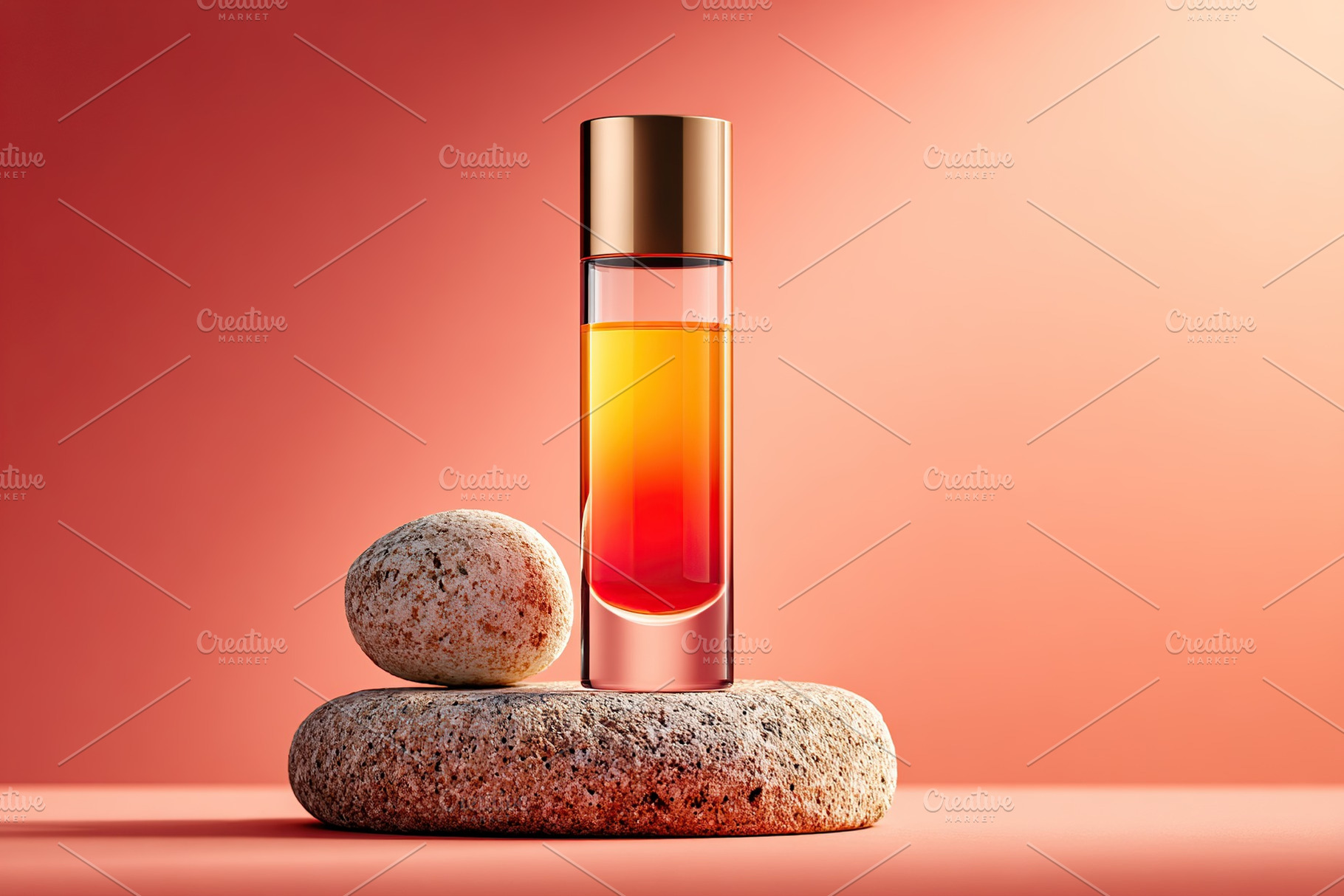 Elegant glass bottle with vibrant liquid placed on textured stones against warm, a Beauty & Fashion Photo by AlyaAnd