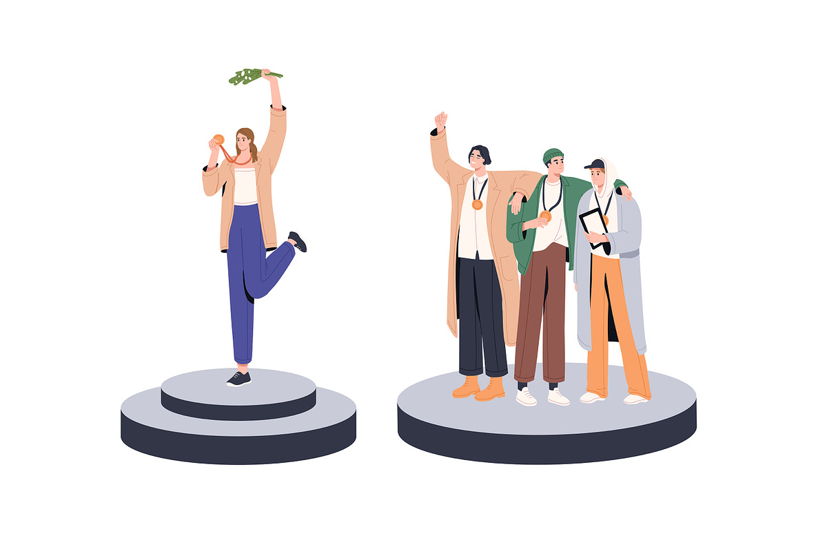 Winners with awards on pedestals set, a Person Illustration by PaperTrident (Photo 4 of 10)