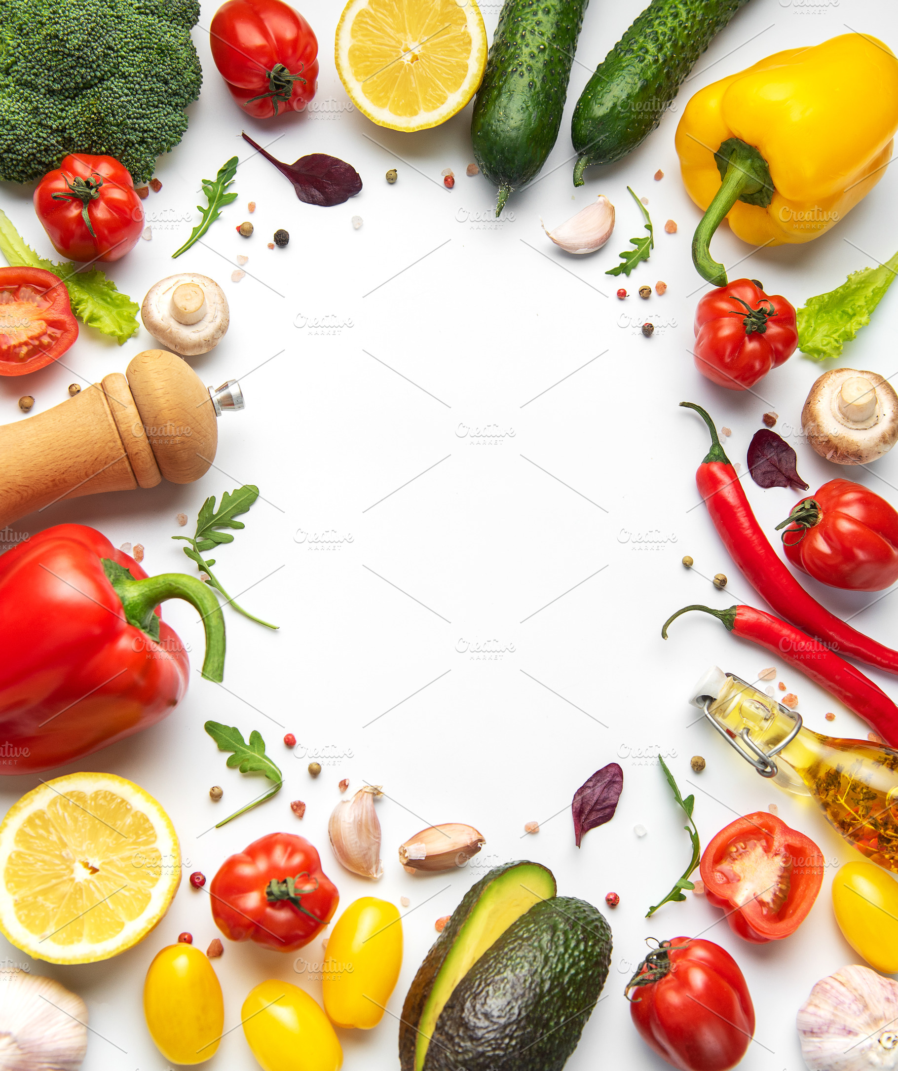 Fresh healthy organic vegetables and herbs forming frame, a Food & Drink Photo by Olena Rudo