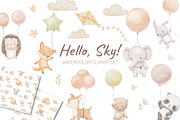 Cute watercolor animals with balloon, an Animal Illustration by ElenaPlatovaArt (Thumbnail 1 of 11)