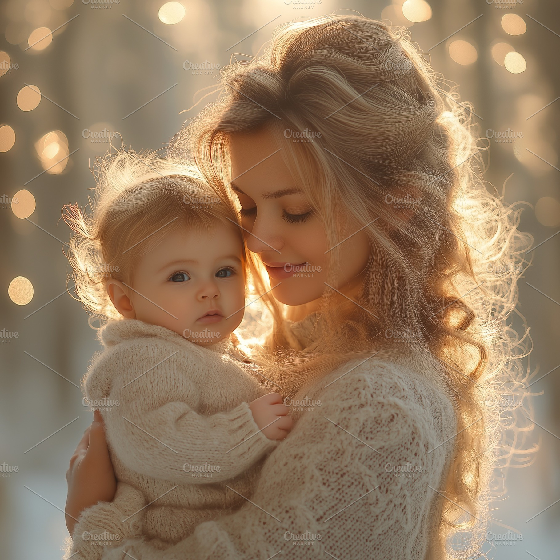 A serene moment between a Caucasian woman and her baby, surrounded by soft, glo, a Person Photo by ImageMir