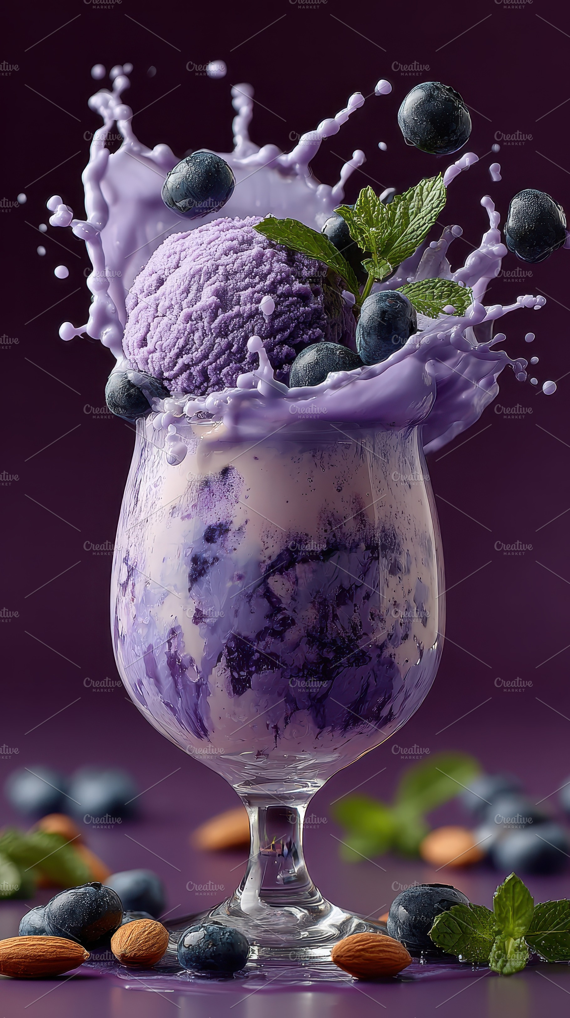 Blueberry Ice Cream Splash in Glass, a Photo by Pixeness Studio