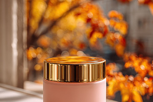 Pink cream jar autumn window view be, a Photo by Pixeness Studio