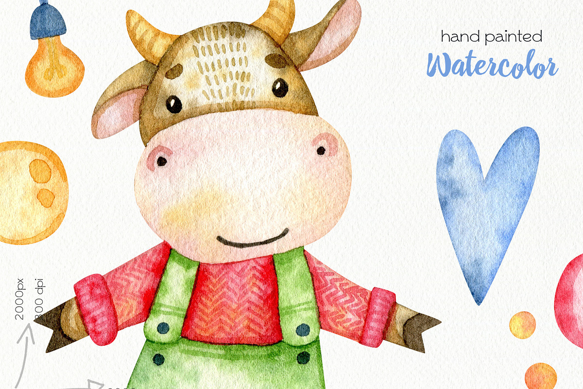 Watercolor Christmas Bulls Clipart, a Decorative Illustration by OllyKo Art (Photo 8 of 8)