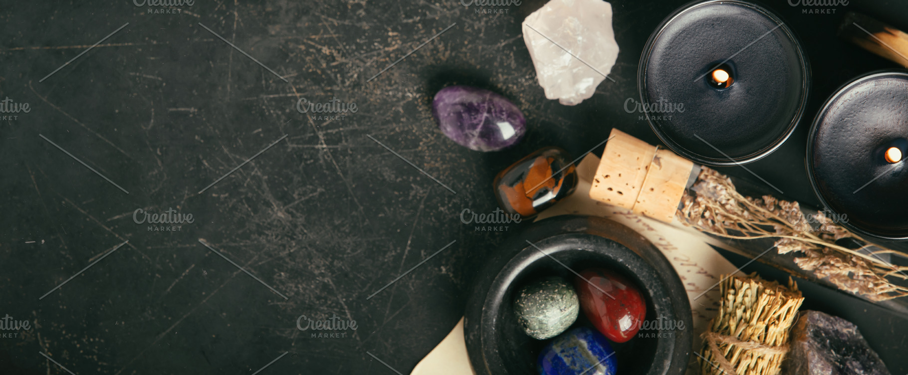 Rustic Aromatherapy and Healing Crystal Arrangement on Dark Back, an Arts & Entertainment Photo by Natalia Klenova's Shop