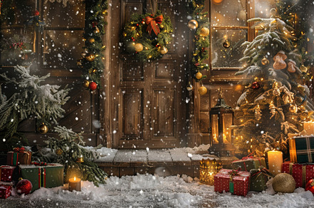 Snow gently falls around a charming, a Photo by Tanuart