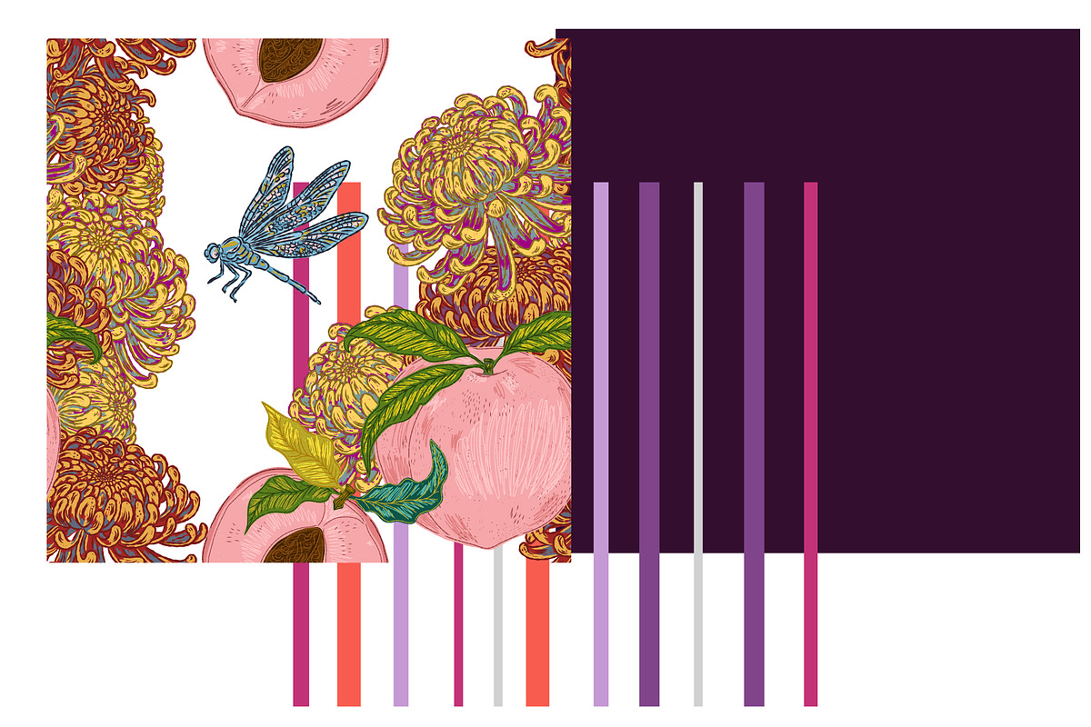 Peach, Chrysanthemum and Dragonfly, a Pattern Graphic by NayaChu (Photo 2 of 9)