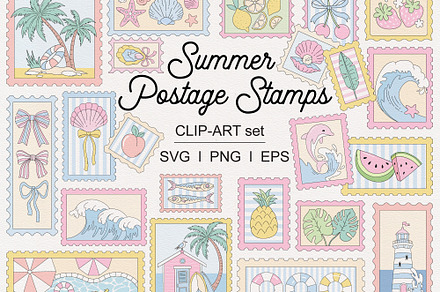 Summer Postage Stamp Clipart set, a Seasonal Illustration by @olga.angelloz
