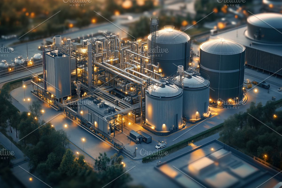 Aerial view of an industrial facility at dusk, featuring large storage tanks, p, an Industrial Photo by Textures & Backgrounds (Photo 2 of 2)