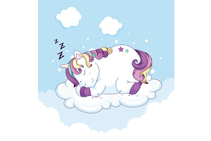 Cute Unicorn Sleeping In Cloud