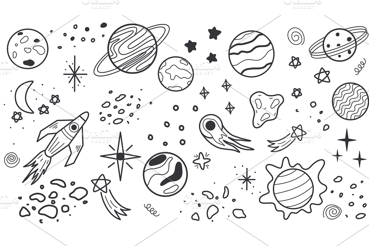 Hand drawn elements of outer space, an Illustration by Tati_Kli