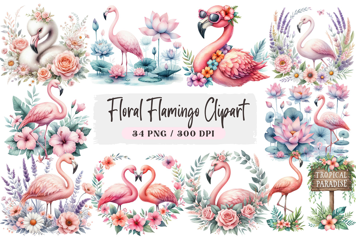 Floral Flamingo Clipart Bundle, an Illustration by DreamArtGraphic (Photo 1 of 4)