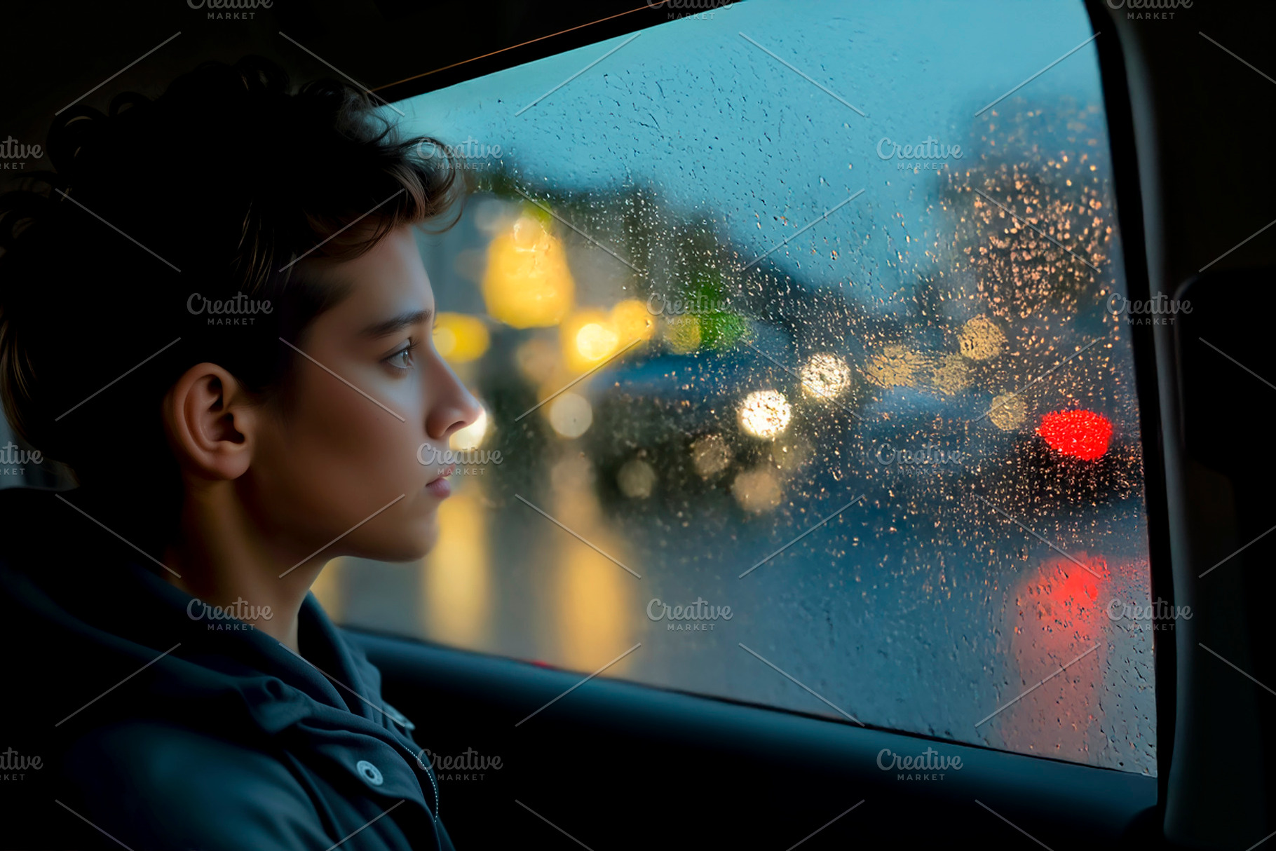 Young man looking out car window, a Photo by rarrarorro