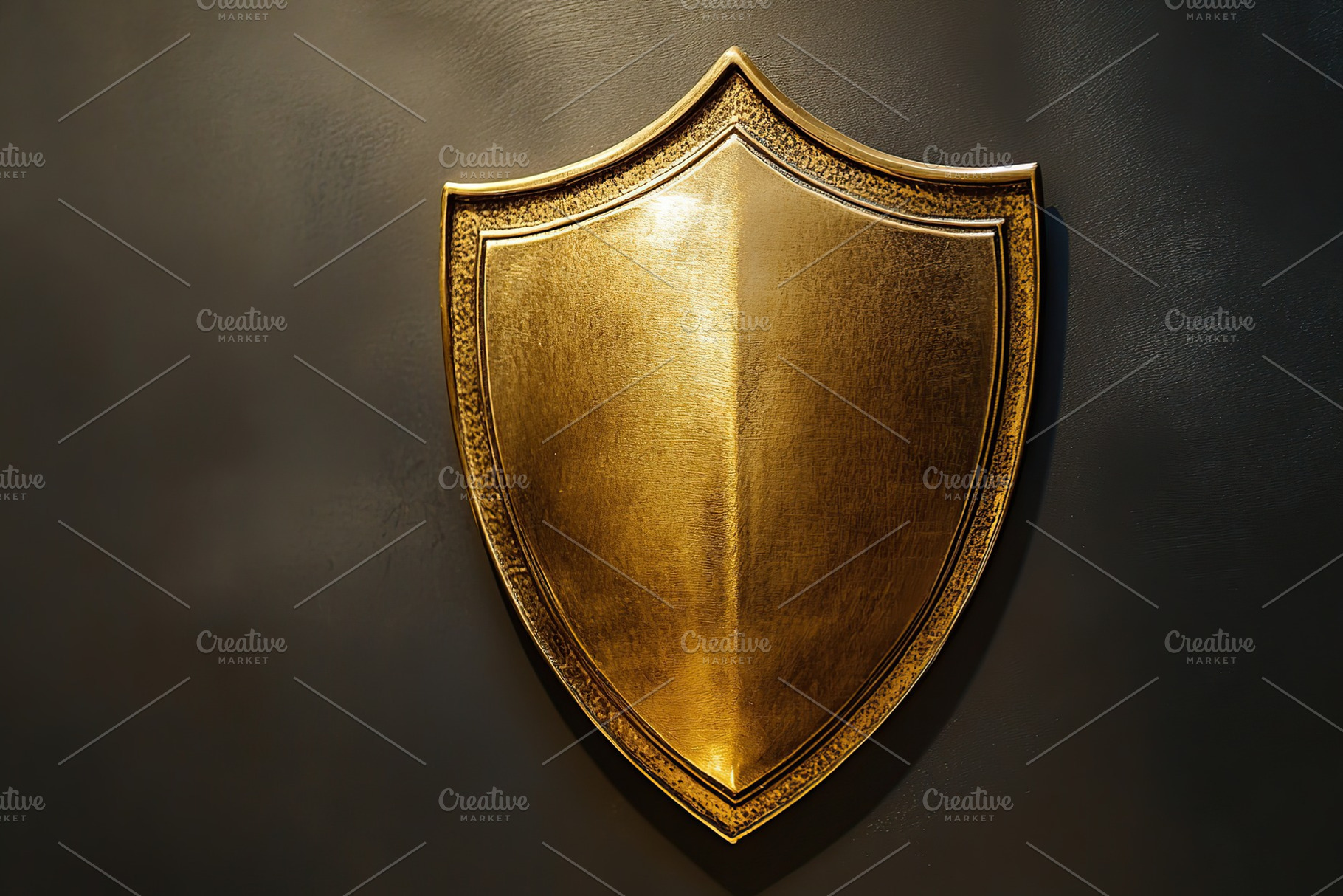 View of a shiny golden security shield attached to a dark wall, an Abstract Photo by AlyaAnd