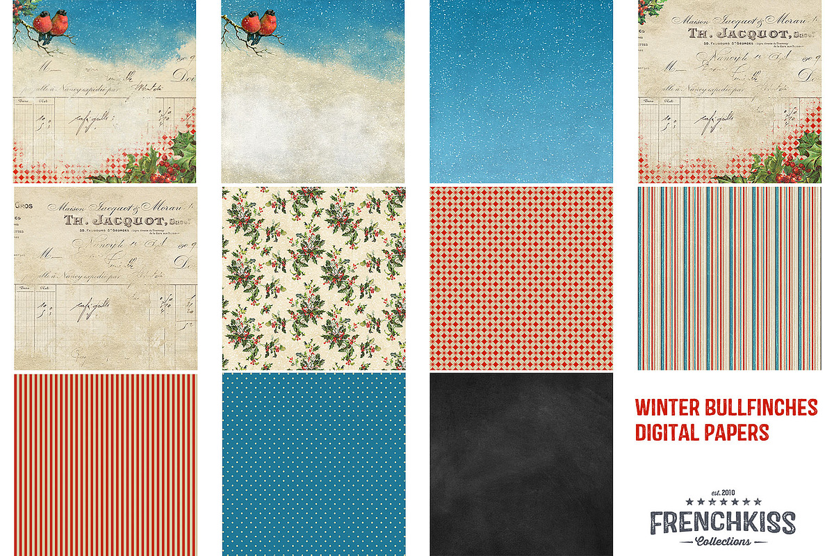Winter Bullfinches Digital Papers, a Texture Graphic by French Kiss Collections (Photo 2 of 2)