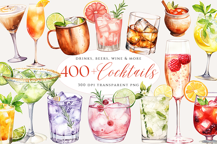 400 Cocktail Clipart, Wine, Beer, a Decorative Illustration by ClipArtCharm