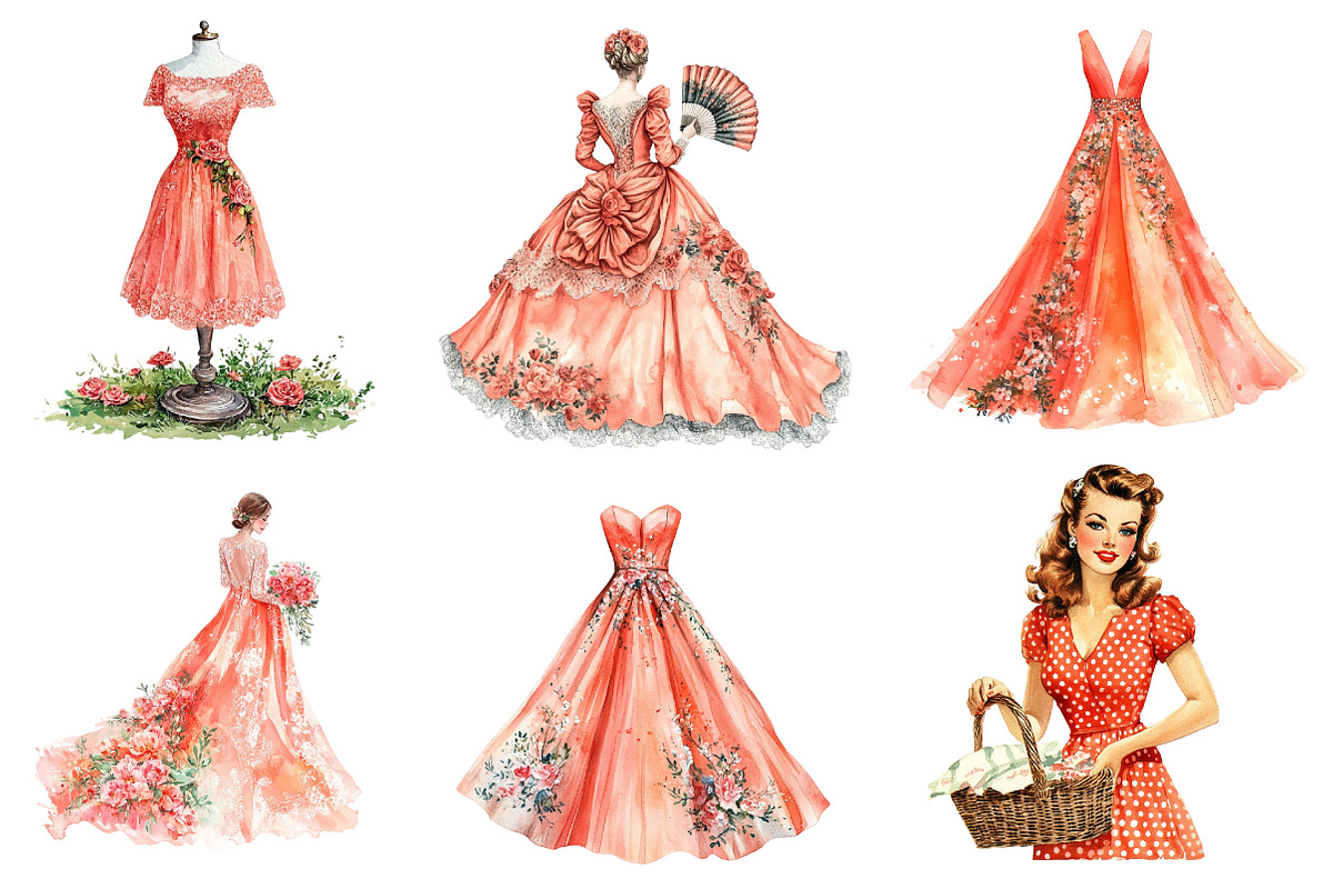 Coral Spring Vintage Woman Clipart, an Illustration by CreationArt (Photo 2 of 5)
