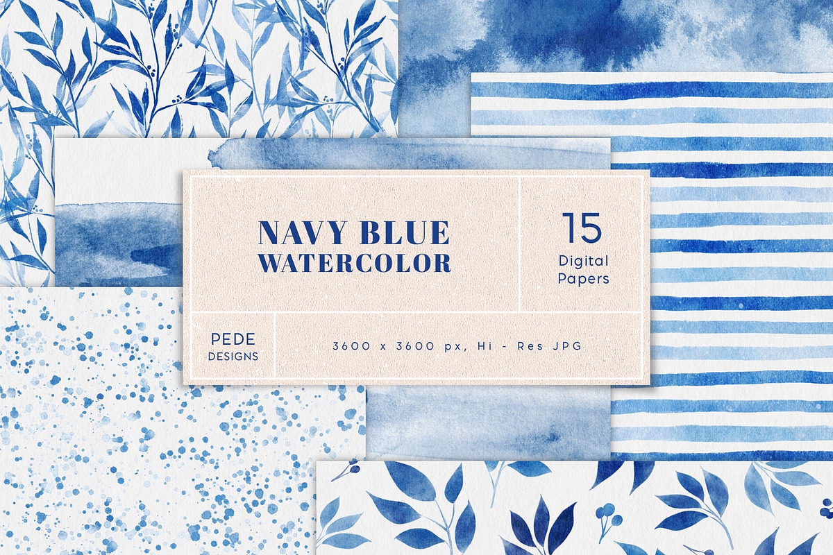 Navy Blue Watercolor Digital Papers, a Pattern Graphic by PeDe Designs (Photo 1 of 6)