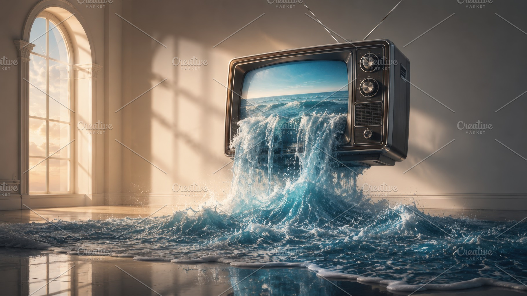 Water flows from old TV in room, a Photo by Beautiful things