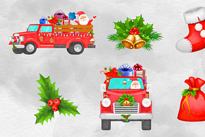 Watercolor Santa Claus Truck