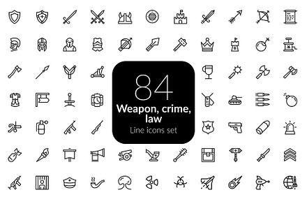 Weapon, Crime, Law line icons set