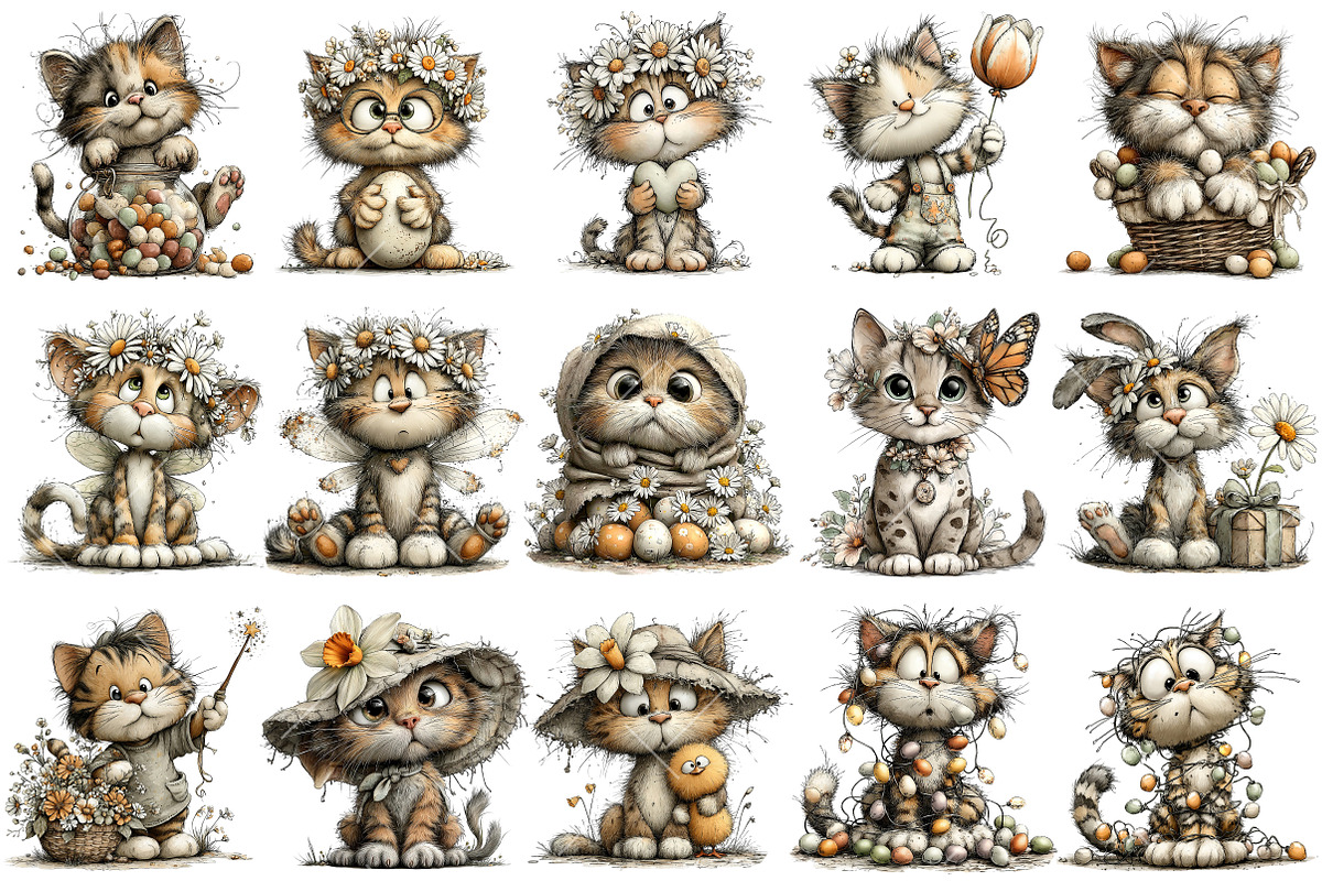 Whimsical Easter Cat Clipart Bundle, an Illustration by OK Design (Photo 3 of 6)