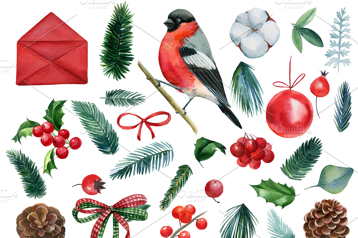 Christmas watercolor clipart, a Decorative Illustration by Hanna Hryharenka (Photo 12 of 19)