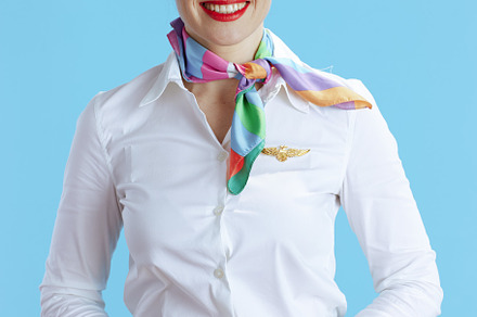 Closeup on smiling stylish female stewardess on blue, a Business Photo by Alliance Images