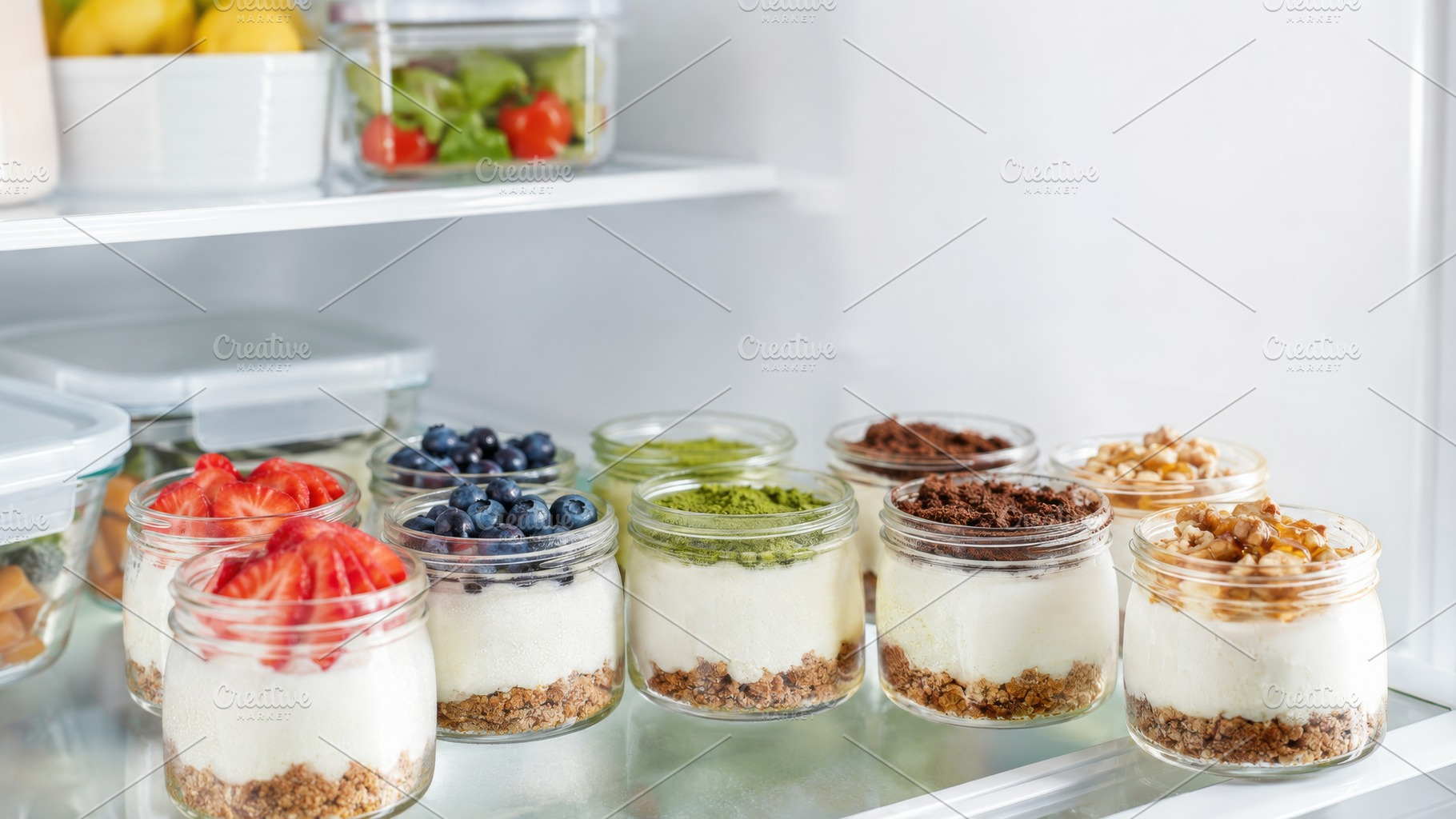 Assorted jars of cheesecake topped w, a Photo by Dvoevnore photos