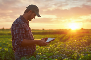 Farmer uses digital tablet in soybea, a Photo by Pavel_design