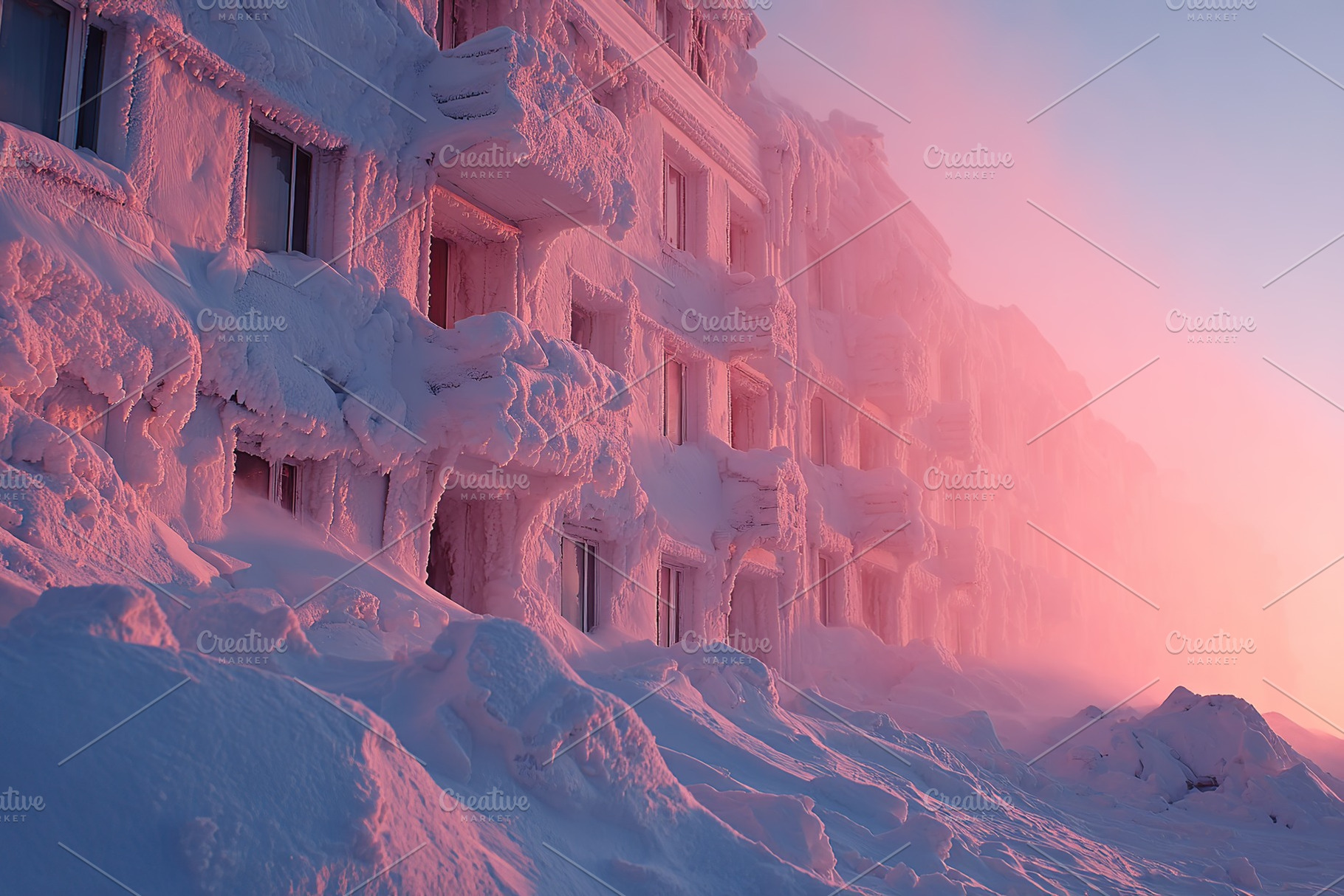 Winter sunset casts a warm glow on a snow-covered building in a cold landscape, a Photo by AlyaAnd