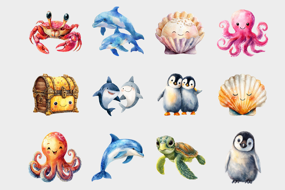 Watercolor Sea Life Kawaii Clipart, a Seasonal Illustration by Design Market (Photo 3 of 5)