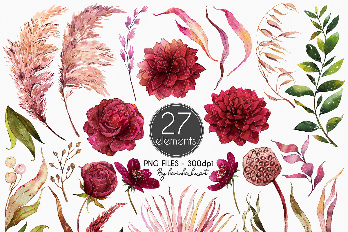 Burgundy Botanical Boho clipart set, an Illustration by KarinkaBU (Photo 2 of 9)