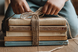 Young boy tying string book pile, a Person Photo by Virgo Studio