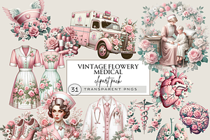 VINTAGE BLUSH PINK MEDICAL CLIPART, an Object Illustration by Daring Digies
