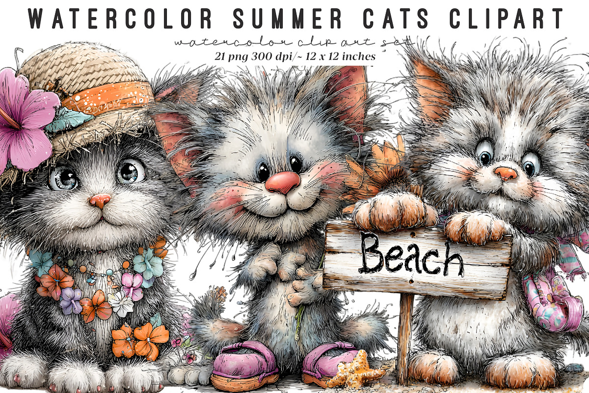 Watercolor summer cats clipart, an Illustration by SinaCreation (Photo 1 of 9)