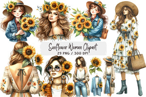 Watercolor Sunflower Woman Clipart, an Illustration by DreamArtGraphic