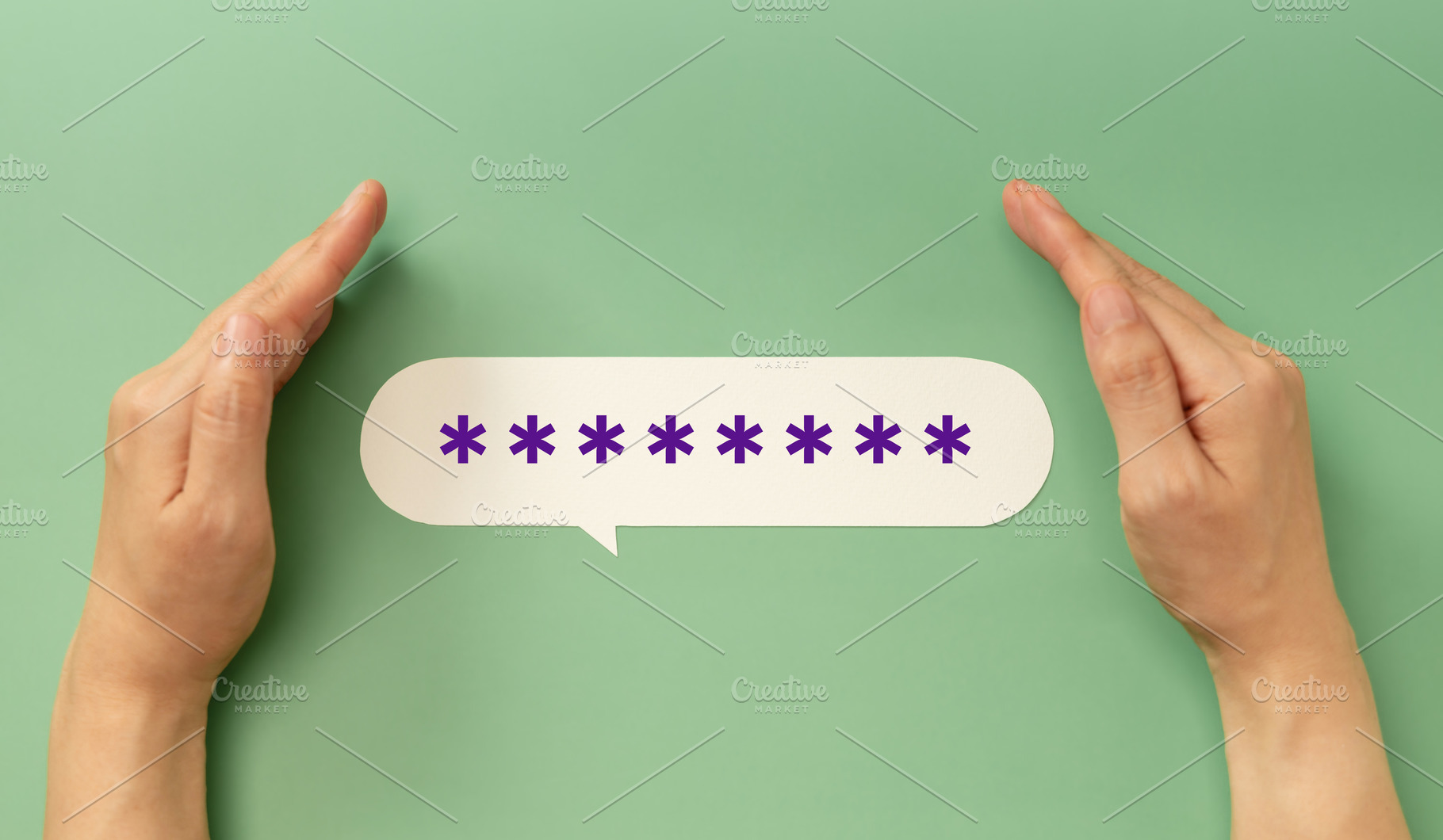 Hands protecting a hidden password speech bubble symbolizing onl, a Technology Photo by salmon.black